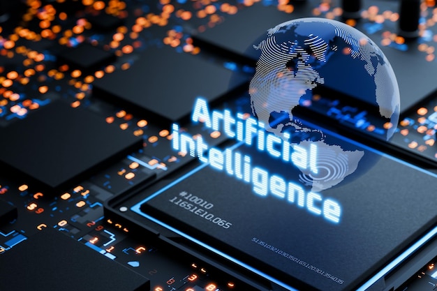 Artificial intelligence chip AI Artificial intelligence generates content Artificial intelligence rules the world Artificial intelligence will replace humans AI writes program code 3D render