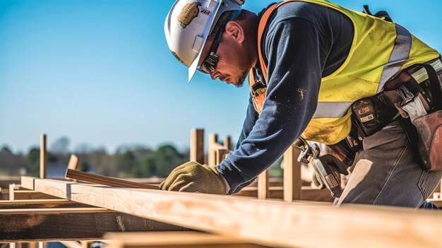 Un artisan construit une ferme de toit en bois réalisée avec l'IA générative