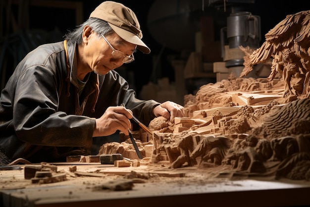 Artisan créant une pièce de bois