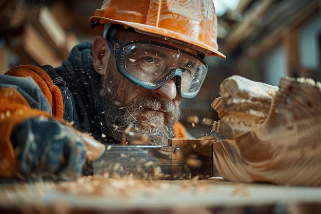 Artisan en équipement de protection Taille du bois dans l'atelier