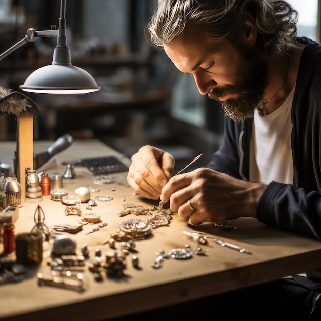 Un artisan fabriquant des bijoux dans un atelier