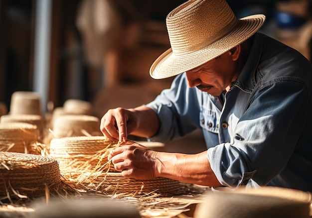 Artisan fabriquant des chapeaux de paille Faits à la main Artisanat traditionnel généré par l'IA