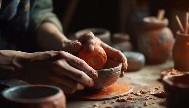 Artisan façonnant l'argile sur un tour de potier à l'intérieur généré par l'IA