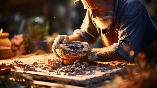 Artisan faisant de la poterie dans un atelier à l'aide d'équipements