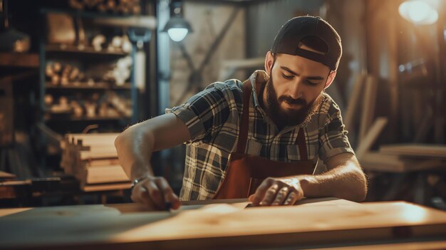 Un artisan habile façonne méticuleusement le bois dans un atelier de qualité, démontrant son dévouement et son expertise.