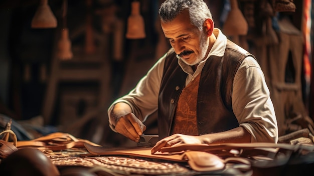 Artisan habilement équipé de la selle en cuir Marocain travaillant le cuir