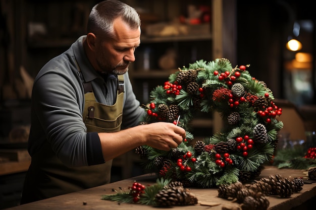 Un artisan d'homme d'âge moyen fabriquant une couronne de Noël festive DIY Noël astucieux