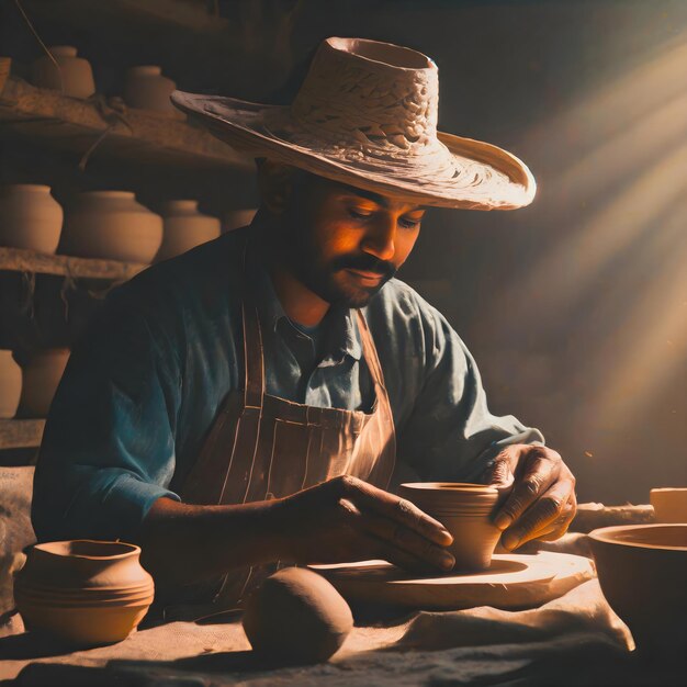 Photo un artisan mexicain travaillant sur un morceau de poterie