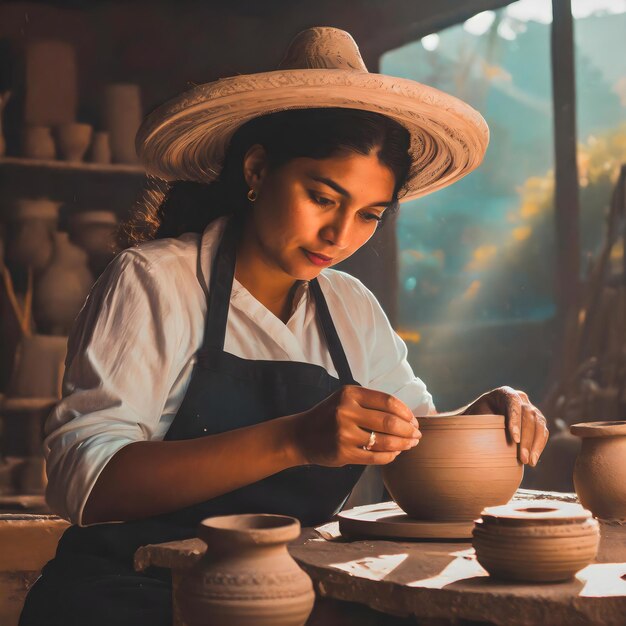 Photo un artisan mexicain travaillant sur un morceau de poterie