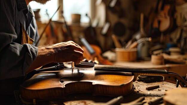 Un artisan perfectionne son violon dans un atelier