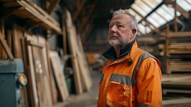 Artisan principal en vêtements de travail réfléchissants se tient réfléchi dans un atelier de bois d'œuvre un portrait de l'industrie et l'expérience authentique scène de travail IA