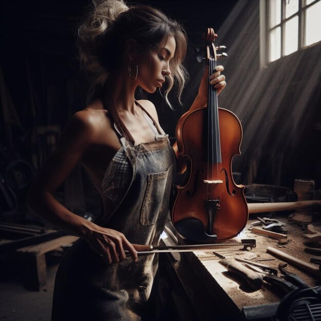 un artisan répare un violon dans un atelier sombre