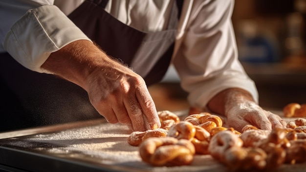 L'artisan tourne la pâte de pretzel en nœuds. La variété de pretzel montrée
