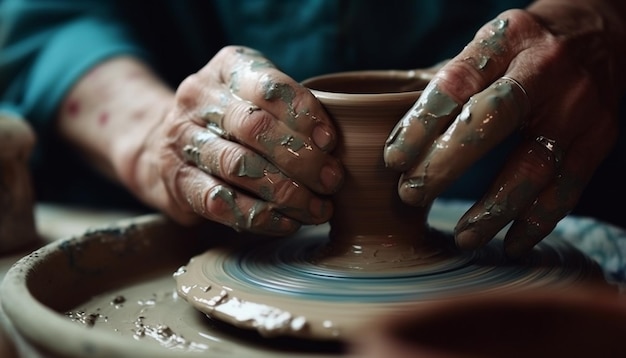Artisan transformant de l'argile sur un vase en forme de tour de potier généré par l'IA