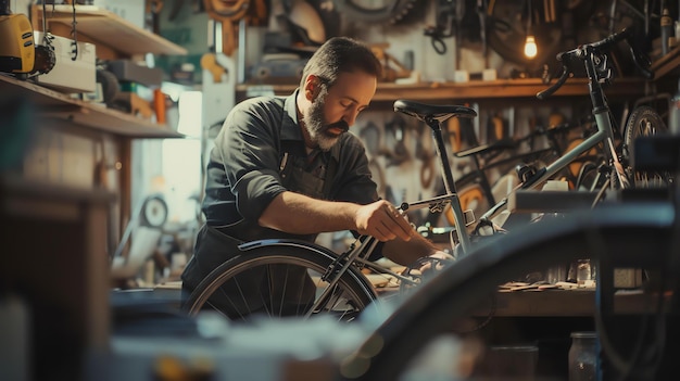 Photo un artisan travaille dur dans son atelier de réparation de vélos. il est concentré sur son travail. l'atelier est plein de vélos et de pièces de vélo.