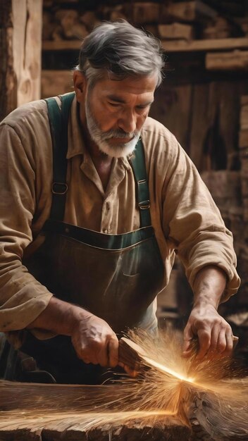 Artisan vue de face faisant de la coupe de bois