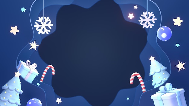 Artisanat de papier de Noël bleu rendu 3D avec des flocons de neige suspendus, des arbres, des étoiles et des cannes de bonbon