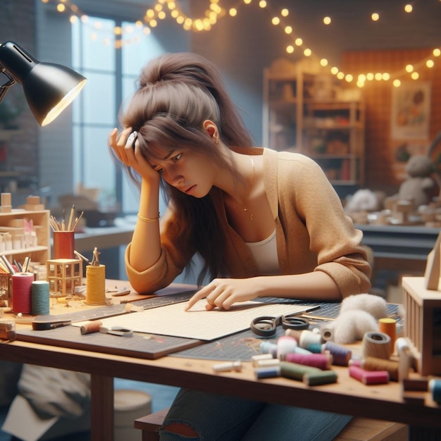 Une artisanne concentrée dans un atelier confortable