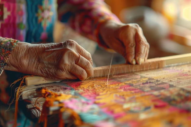 Une artisanne tisse des tissus colorés avec une habileté de précision