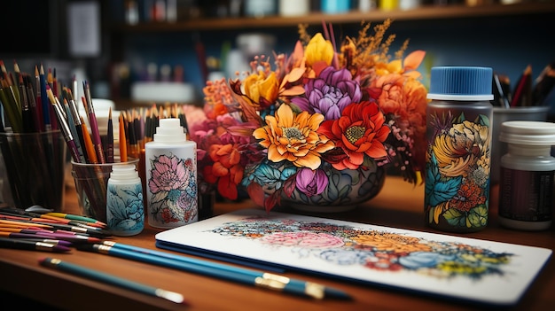 artist_desk_with_coloring_pages_and_a_lot_of_art_supp