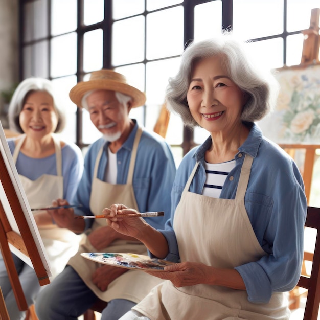 Une artiste âgée apprécie l'activité de peinture en studio avec ses amis.