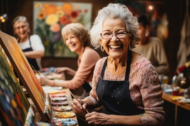 Une artiste âgée heureuse apprécie l'activité de peinture en studio avec ses amis