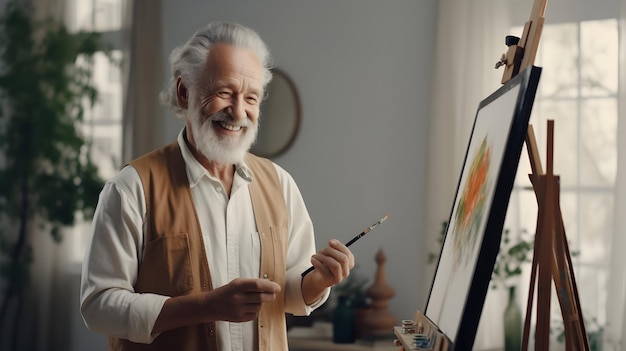 Photo artiste à barbe grise habillé de façon décontractée enregistrant une vidéo à l'aide d'un smartphone sur un trépied tout en peignant un portrait sur un chevaletgenerated ai