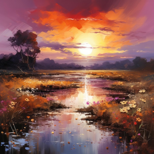 Un artiste capture le coucher de soleil vibrant sur un paysage pittoresque