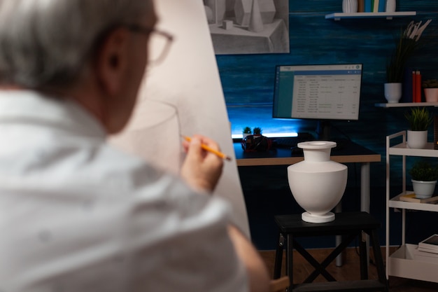 Artiste caucasien regardant un vase sur un bureau et dessinant sur toile