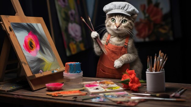 Artiste de chats avec une petite peinture de béret devant un chevalet