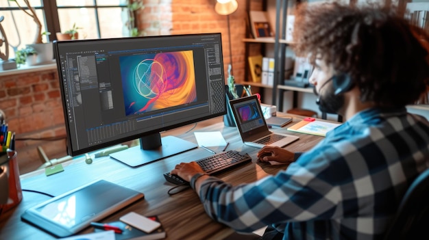 Photo un artiste contemplant une peinture dans le studio aig41 éclairé par le soleil