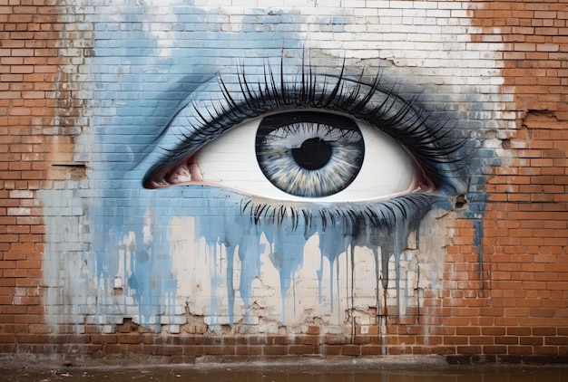 un artiste crée une peinture murale d'yeux bleus sur un mur de briques dans le style de sombre