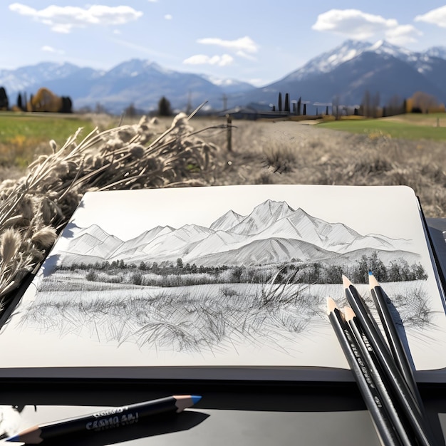 l'artiste dessine un paysage au crayon