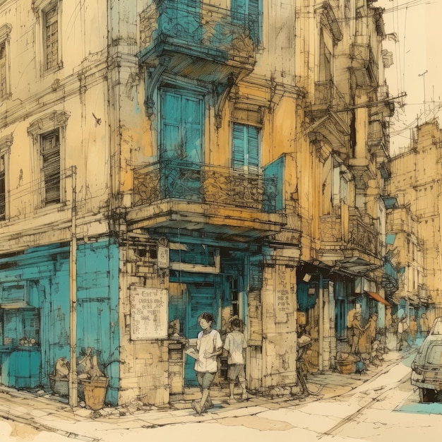 Un artiste fait un dessin d'un croquis d'une rue Generative AI