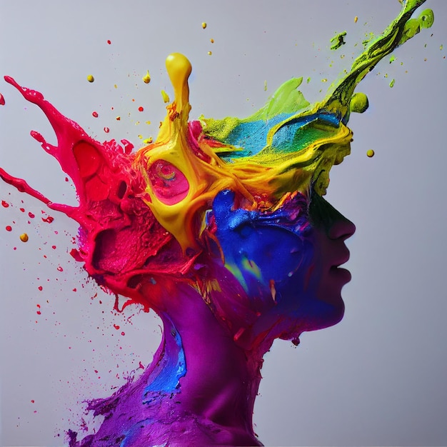 Artiste femme avec des éclaboussures de peinture sur sa tête créativité rendu 3d