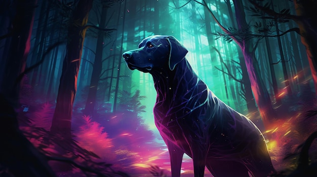 Artiste de la forêt épaisse au néon de chien œuvre d'art numérique image d'illustration de l'art généré par Ai