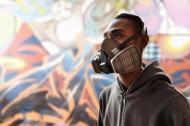 Un artiste de graffiti portant un masque à gaz