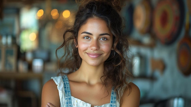 Photo une artiste hispanique confiante et heureuse posant les bras croisés dans son studio d'art