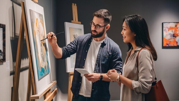 Un artiste masculin montre sa peinture à une cliente intéressée par l'achat d'une œuvre d'art de l'exposition.