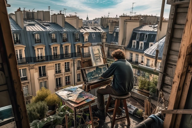 Photo un artiste peignant dans un toit parisien générative ai