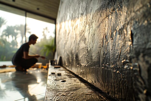 Un artiste peint un mur d'art dans une maison avec un pinceau