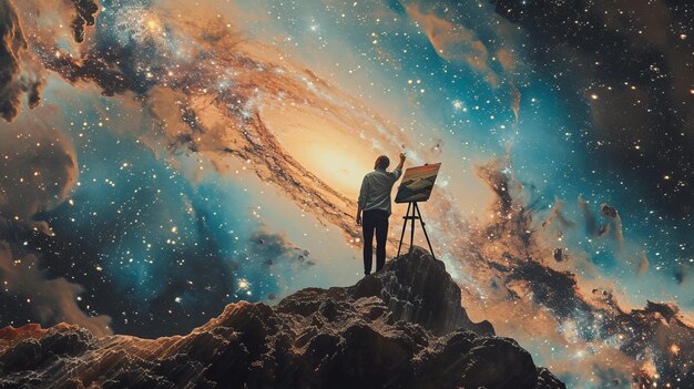 Un artiste peint un paysage cosmique