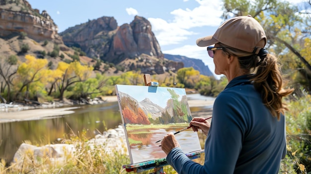 Photo une artiste peint sur sa toile un magnifique paysage avec des montagnes et une rivière à l'acrylique