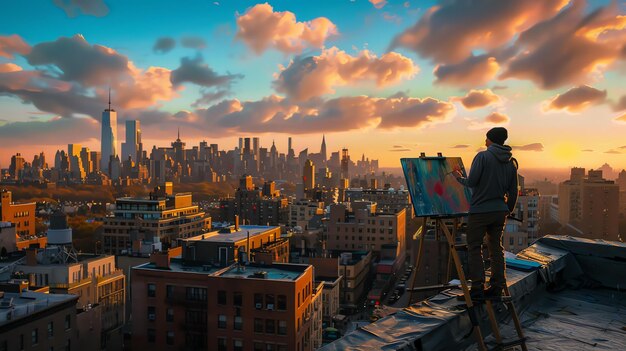 Un artiste peint un tableau d'un paysage urbain depuis un toit Le soleil se couche et le ciel est orange vif