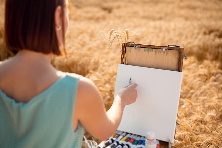 Photo artiste professionnel pendant les travaux en champ de céréales