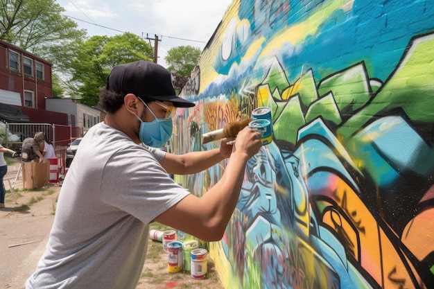 Artiste pulvérisateur de graffitis ajoutant une couche à une peinture murale colorée avec vue sur le quartier environnant vis