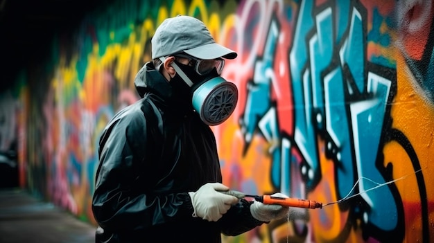 Photo artiste pulvérisateur de graffitis avec masque dans une scène colorée generative ai