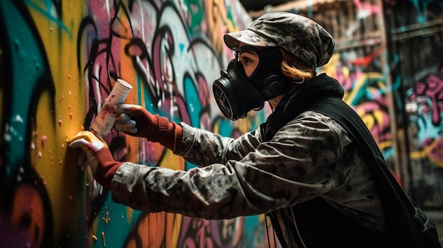 Artiste pulvérisateur de graffitis avec masque dans une scène colorée Generative AI