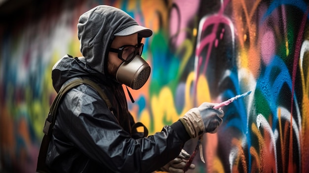 Photo artiste pulvérisateur de graffitis avec masque dans une scène colorée generative ai