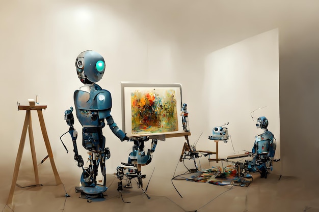 Artiste robot anthropomorphe dans le studio à côté de la peinture de chevalet et peint tout en travaillant sur le réseau de neurones ai généré de l'art